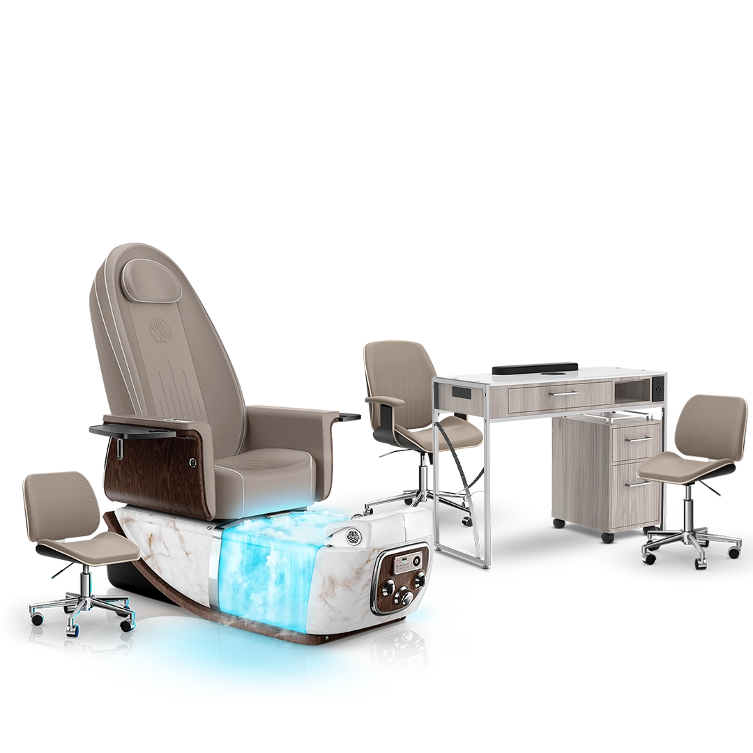 Claystone-White Moonstone-Hazel Lexor PRIVÉ ONE Pedicure Chair with Thera-Mist  and Matching PRIVÉ Nail Table Set 