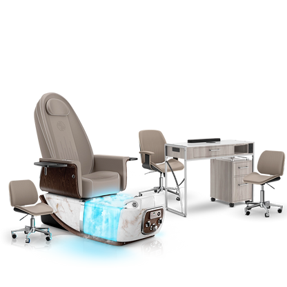 Claystone-White Moonstone-Hazel Lexor PRIVÉ ONE Pedicure Chair with Thera-Mist  and Matching PRIVÉ Nail Table Set 