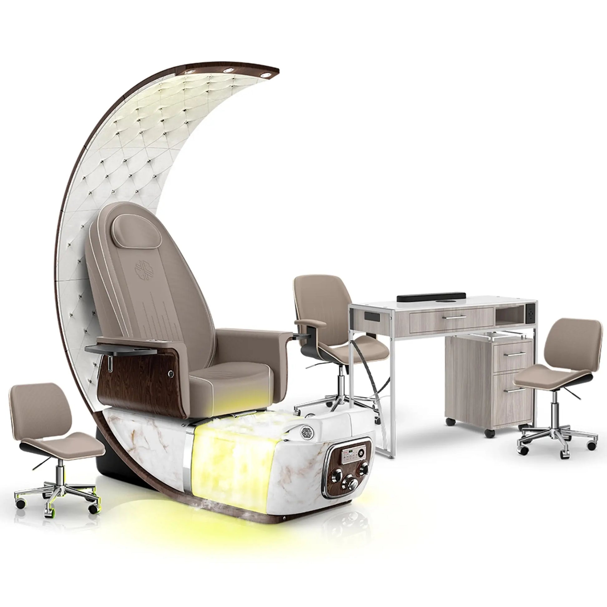 Claystone-White Moonstone-Hazel Lexor PRIVÉ Lounge Pedicure Chair with Thera-Mist and Matching PRIVÉ Nail Table Set