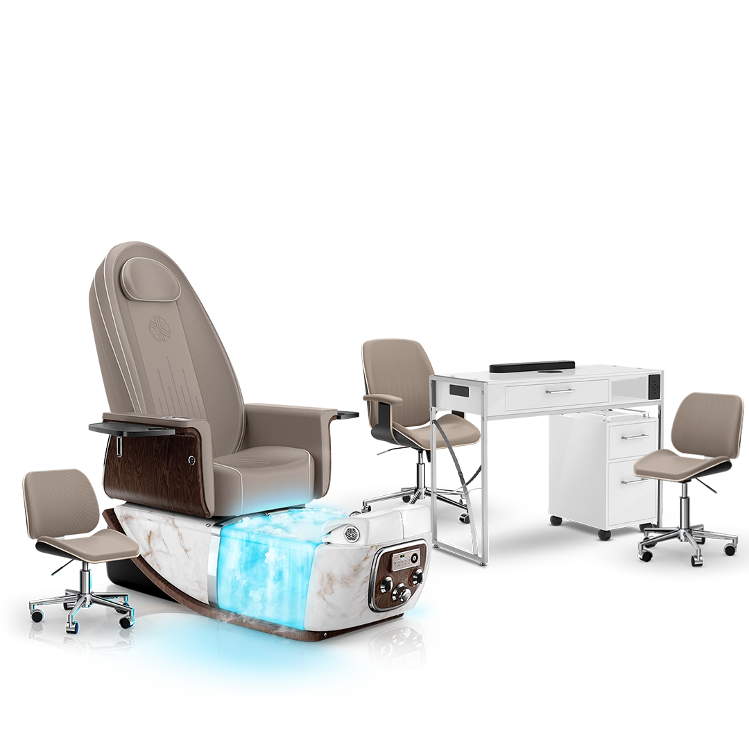 Claystone-White Moonstone-White Lexor PRIVÉ ONE Pedicure Chair with Thera-Mist  and Matching PRIVÉ Nail Table Set 