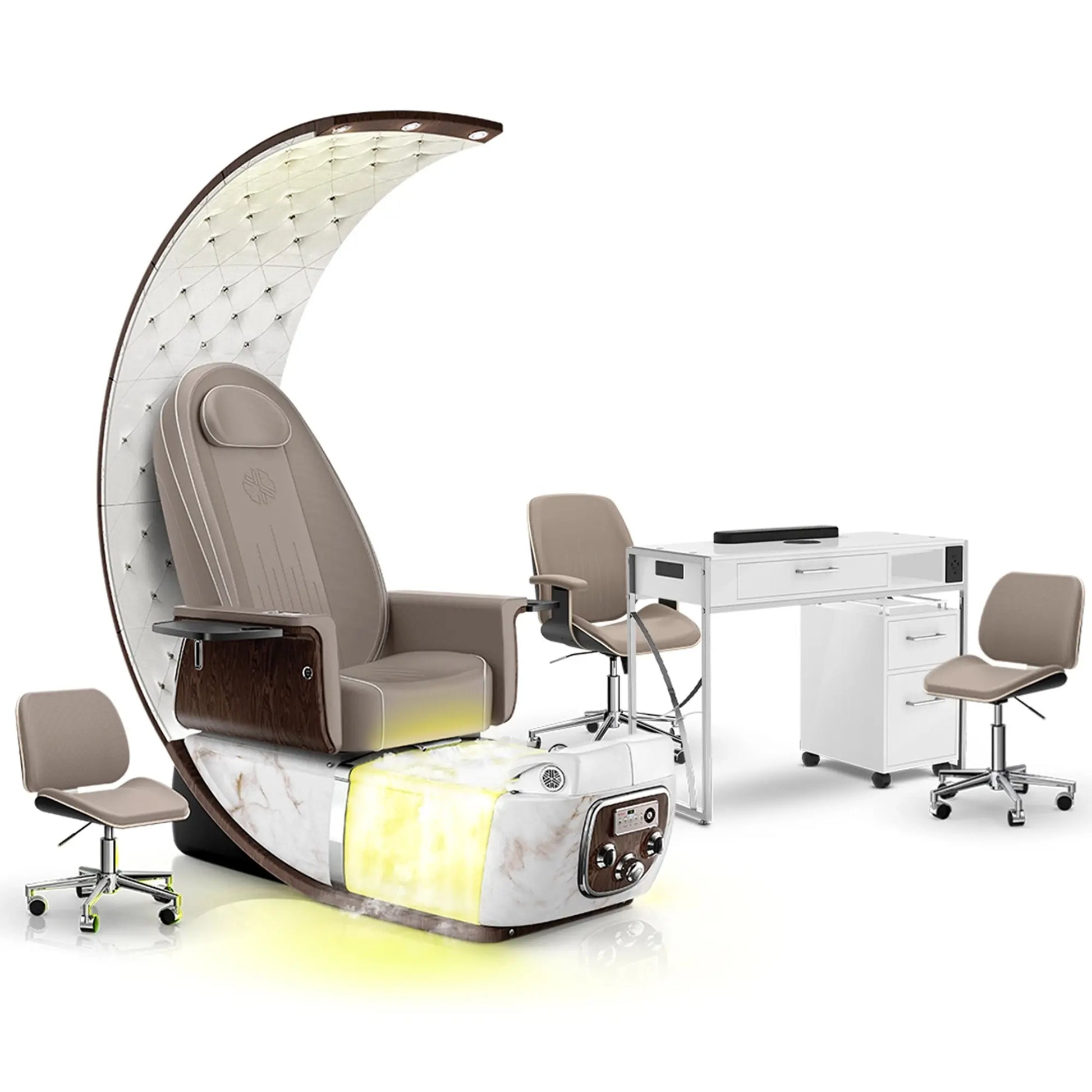 Claystone-White Moonstone-White Lexor PRIVÉ Lounge Pedicure Chair with Thera-Mist and Matching PRIVÉ Nail Table Set