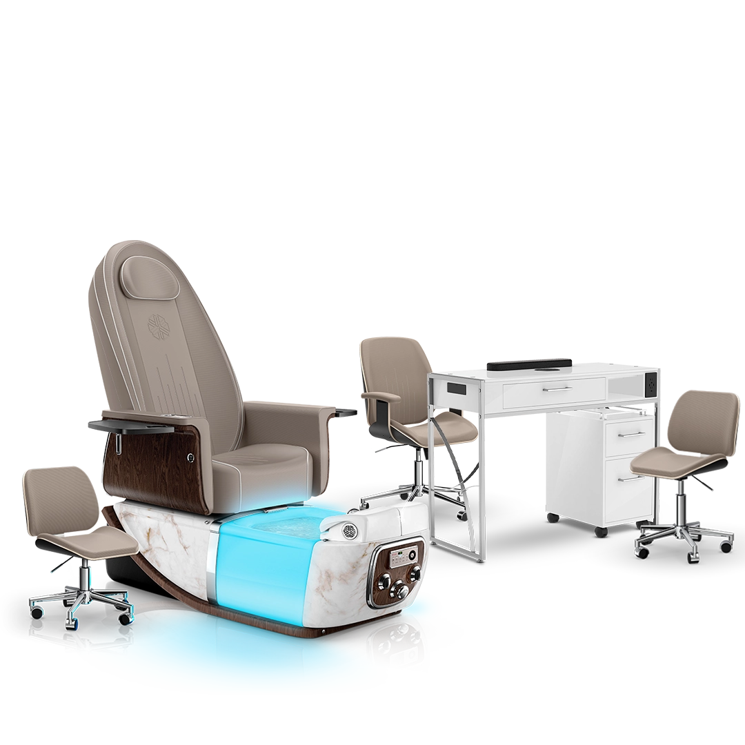 Claystone-White Moonstone-White Lexor PRIVÉ ONE Pedicure Chair and Matching PRIVÉ Nail Table Set