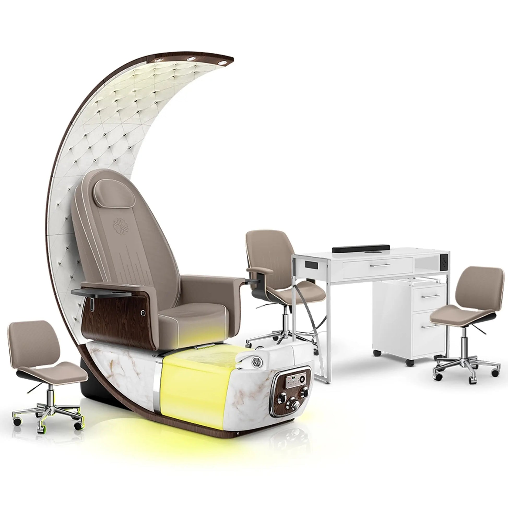 Claystone-White Moonstone-White Lexor PRIVÉ Lounge Pedicure Chair and Matching PRIVÉ Nail Table Set