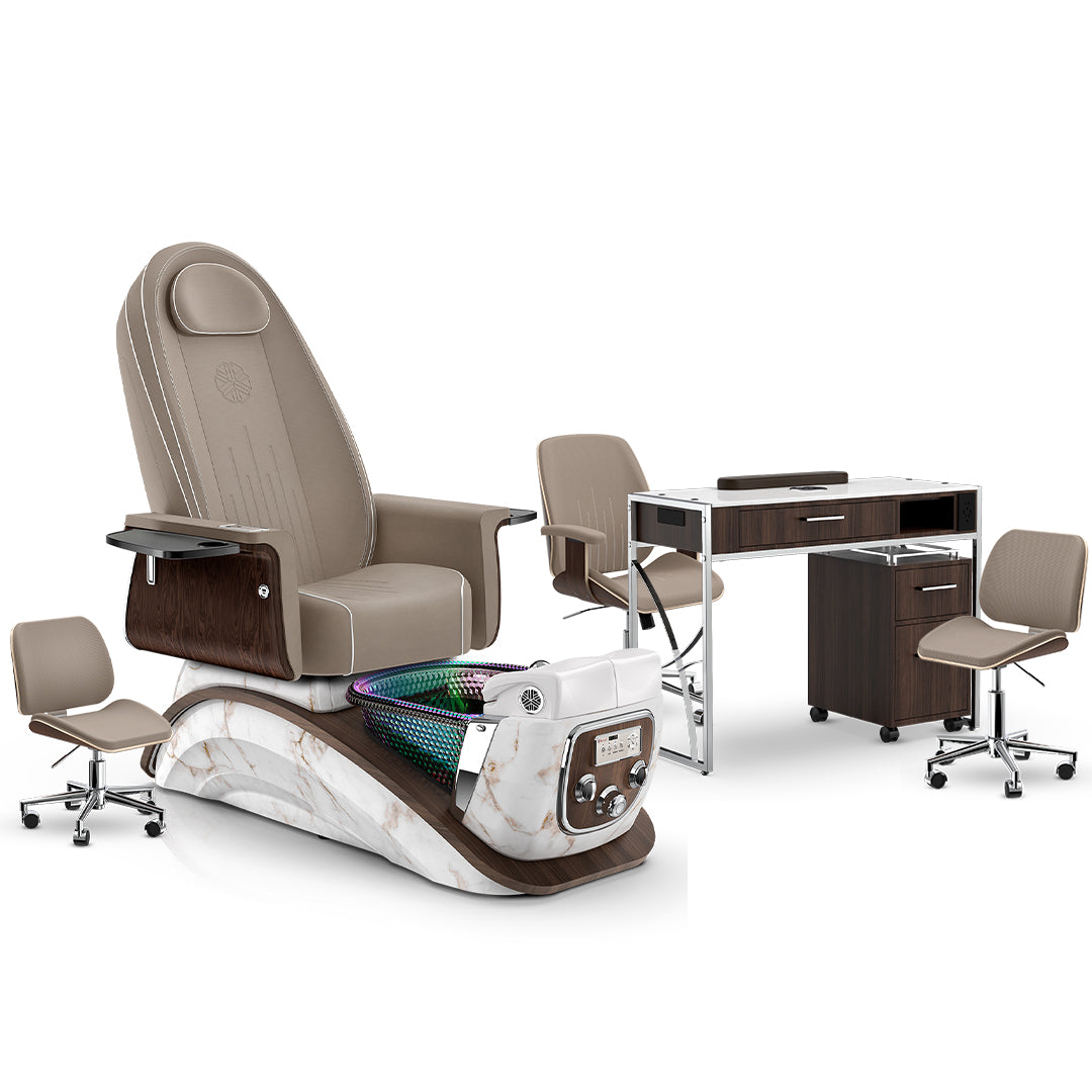 Claystone-White Moonstone-Dark Walnut Lexor Mystique Pedicure Chair and Matching Nail Table Set
