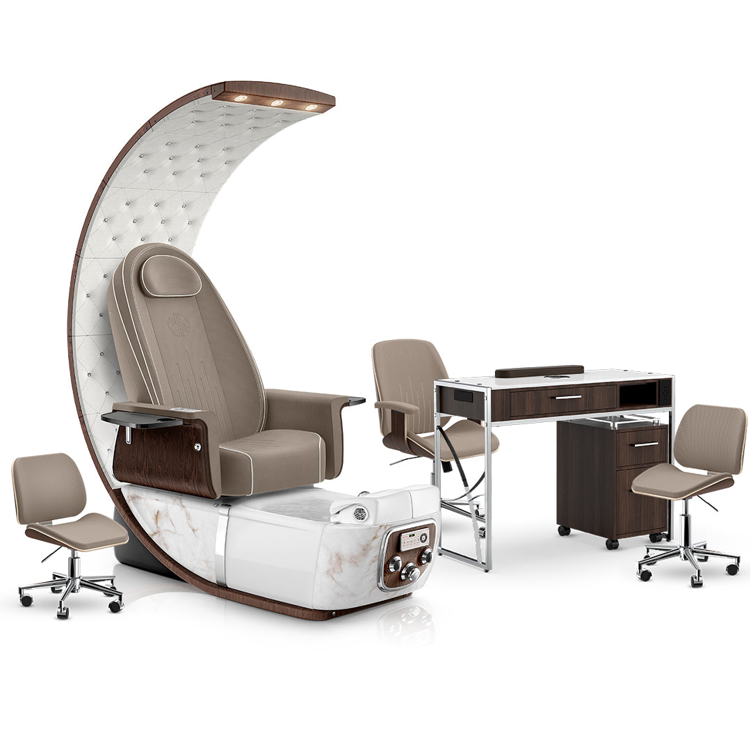 Claystone-White Moonstone-Dark Walnut Lexor PRIVÉ Lounge Pedicure Chair and Matching PRIVÉ Nail Table Set