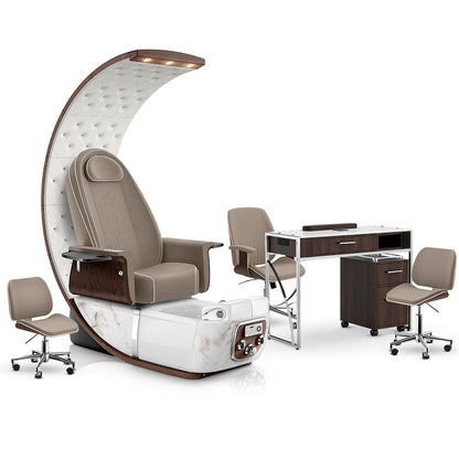 Claystone-White Moonstone-Dark Walnut Lexor PRIVÉ Lounge Pedicure Chair and Matching PRIVÉ Nail Table Set