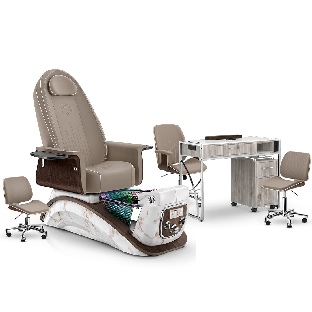 Claystone-White Moonstone-Hazel Lexor Mystique Pedicure Chair and Matching Nail Table Set