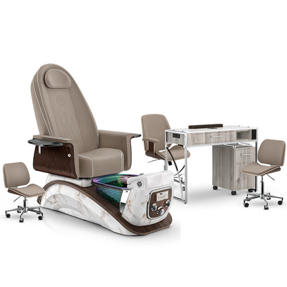 Claystone-White Moonstone-Hazel Lexor Mystique Pedicure Chair and Matching Nail Table Set