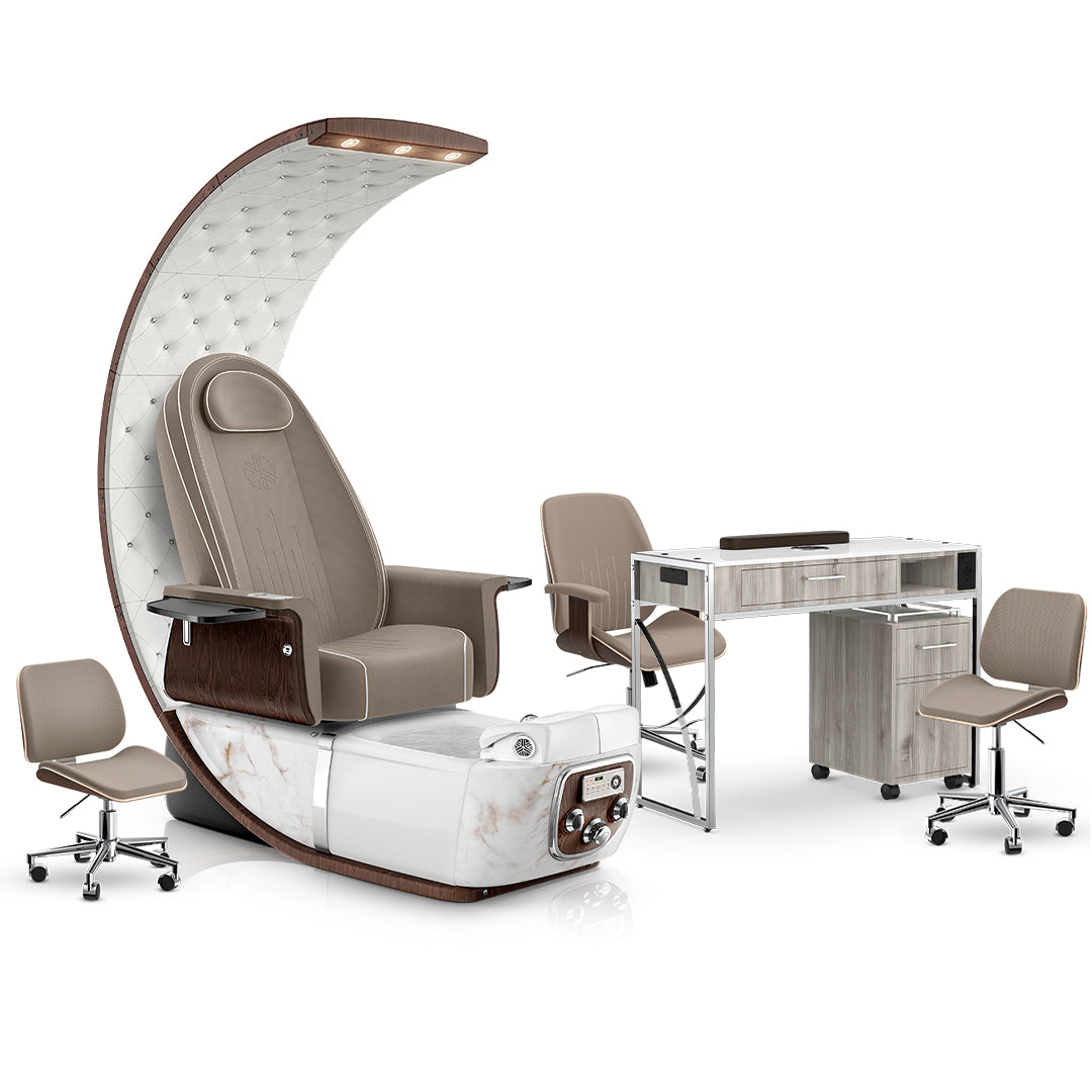 Claystone-White Moonstone-Hazel Lexor PRIVÉ Lounge Pedicure Chair and Matching PRIVÉ Nail Table Set