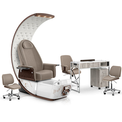 Claystone-White Moonstone-Hazel Lexor PRIVÉ Lounge Pedicure Chair and Matching PRIVÉ Nail Table Set