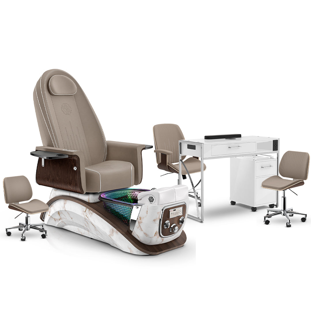 Claystone-White Moonstone-White Lexor Mystique Pedicure Chair and Matching Nail Table Set
