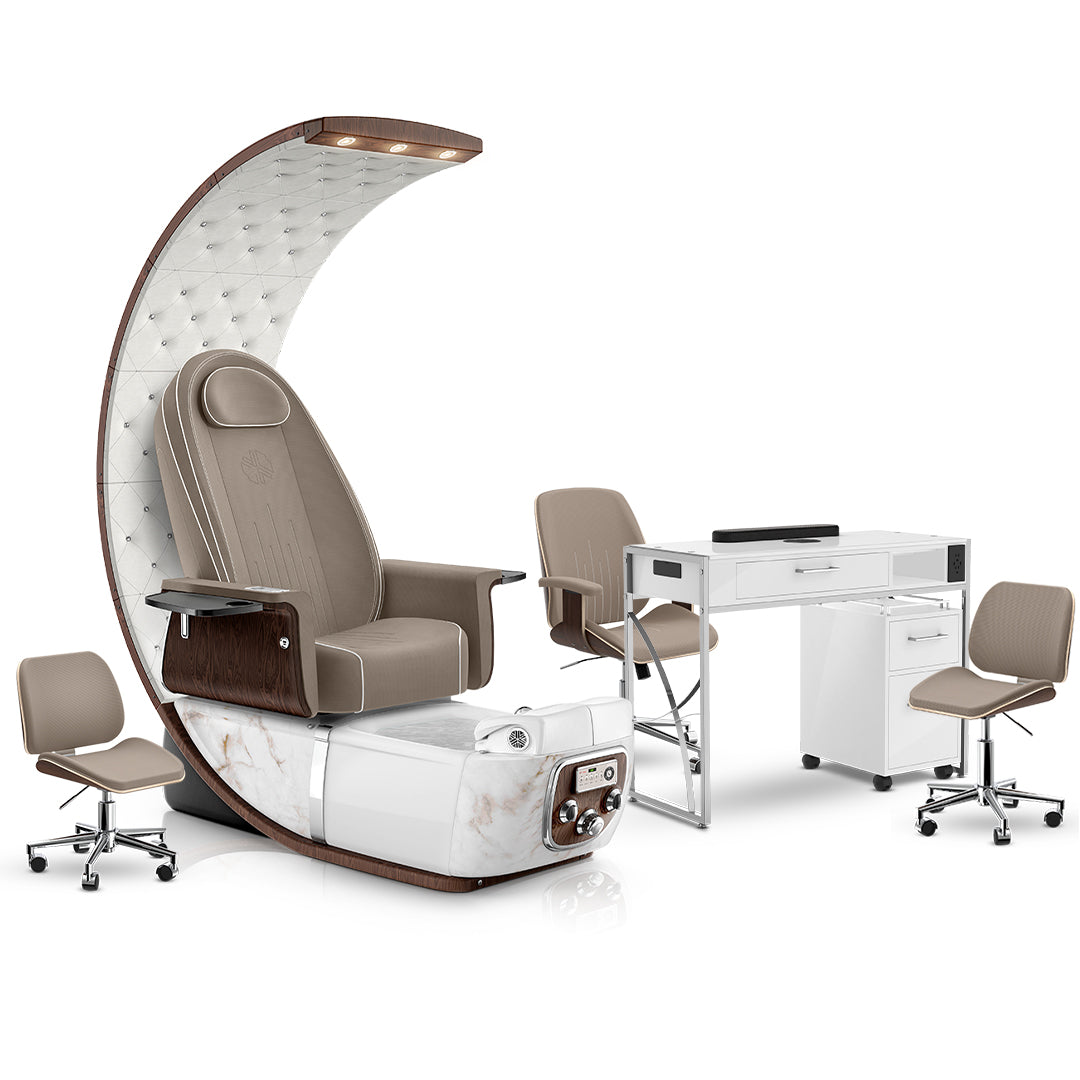 Claystone-White Moonstone-White Lexor PRIVÉ Lounge Pedicure Chair and Matching PRIVÉ Nail Table Set