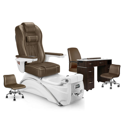 Elite Pedicure Chair Cola Cushion, White Pearl Base, Dark Walnut VM313 Matching Table Set