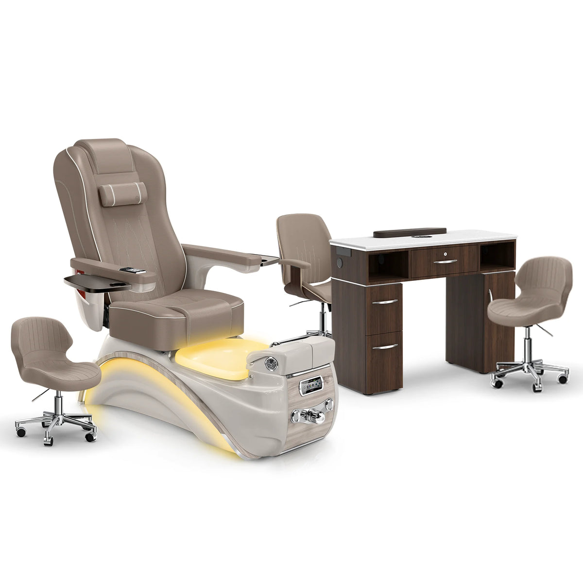 Claystone-Sandstone-Dark Walnut Lexor Elite Pedicure Chair and Nail Table Set