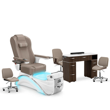 Claystone-White Pearl-Dark Walnut Lexor Elite Pedicure Chair and Nail Table Set