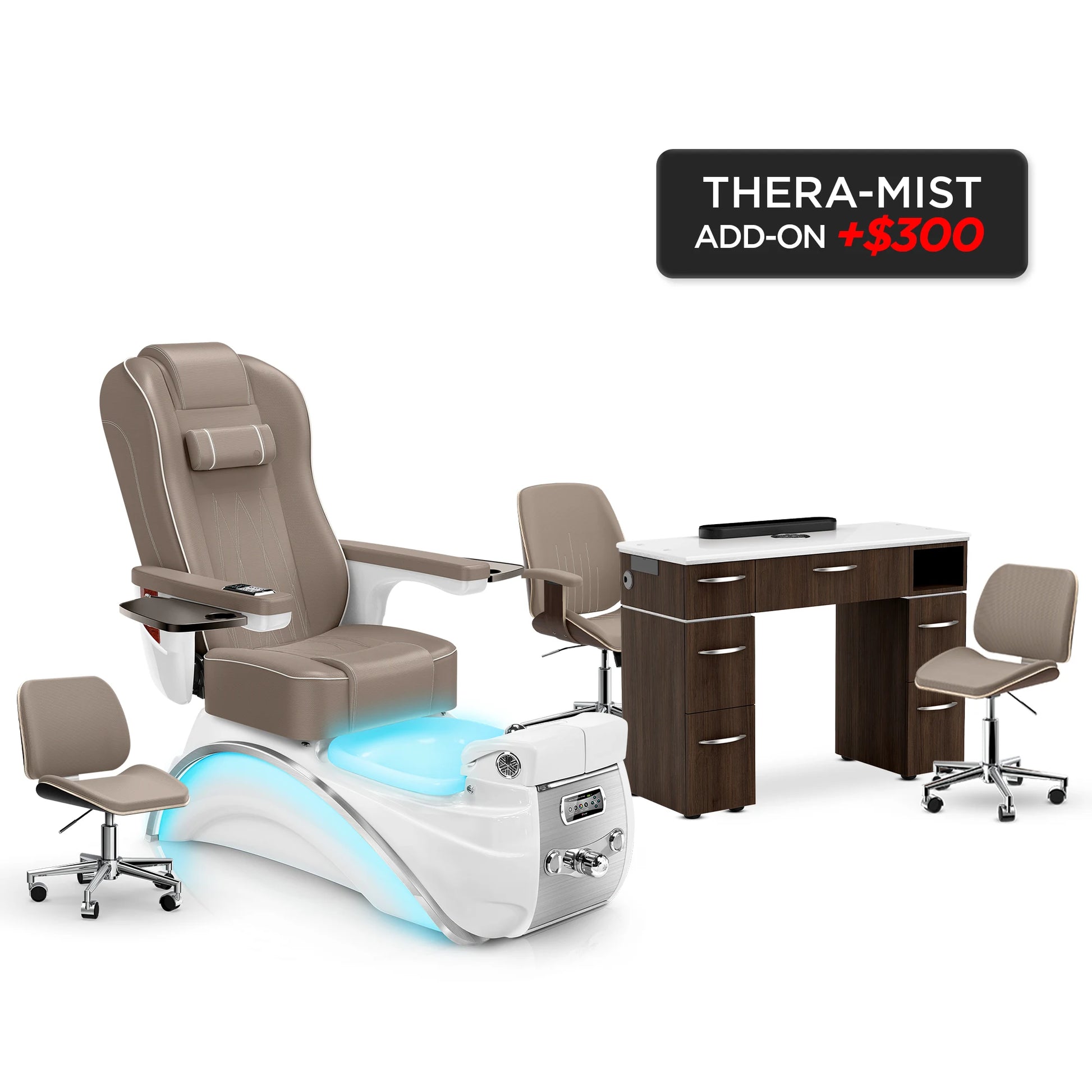 Claystone-White Pearl-Dark Walnut Lexor Elite Pedicure Chair and Nail Table Set v2