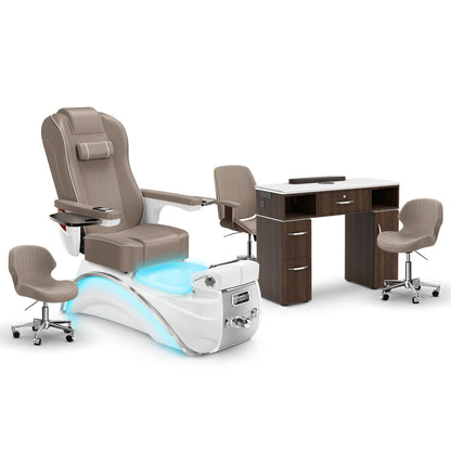 Claystone-White Pearl-Dark Walnut Lexor Elite Pedicure Chair and Nail Table Set