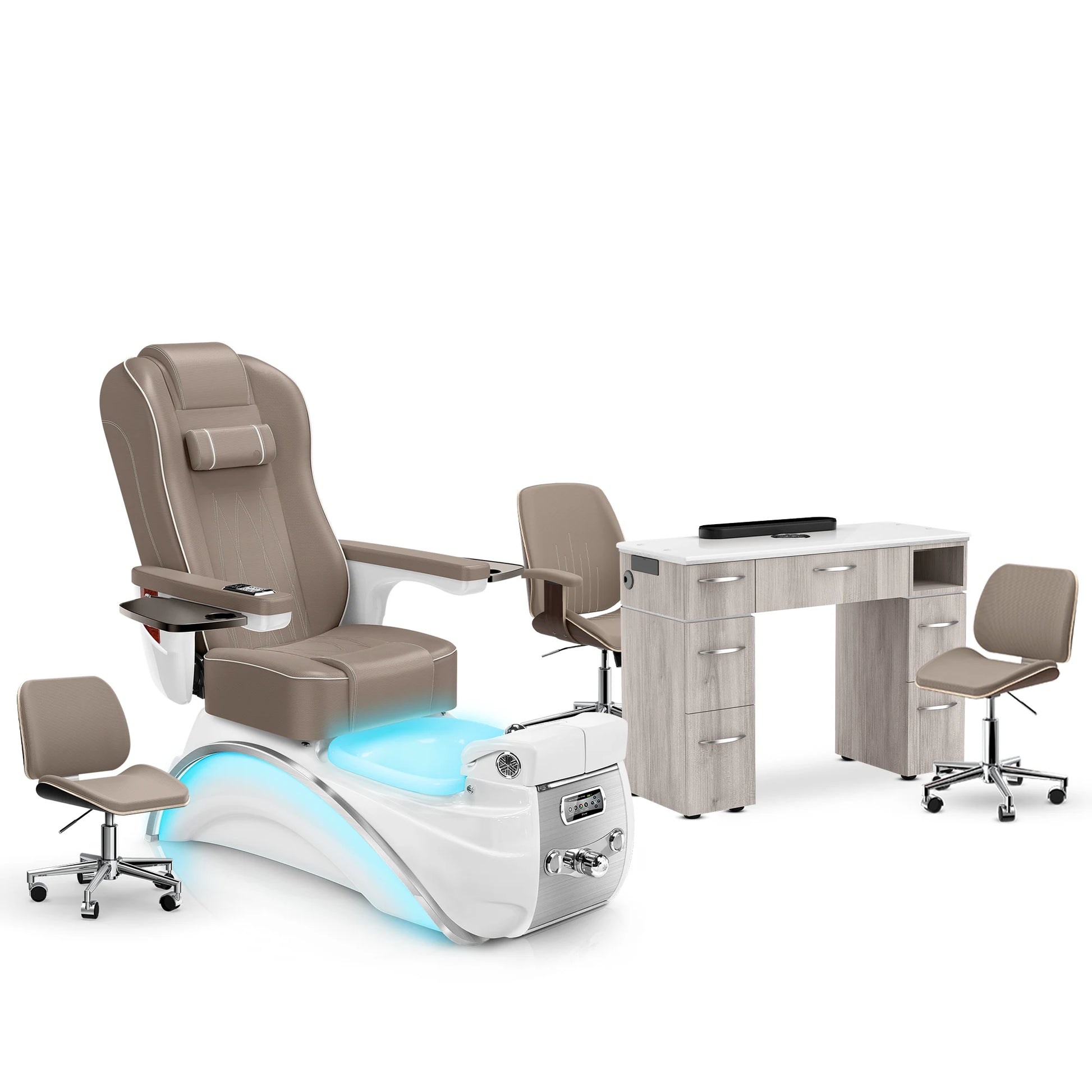 Claystone-White Pearl-Hazel Lexor Elite Pedicure Chair and Nail Table Set