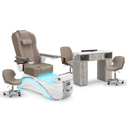 Claystone-White Pearl-Hazel Lexor Elite Pedicure Chair and Nail Table Set
