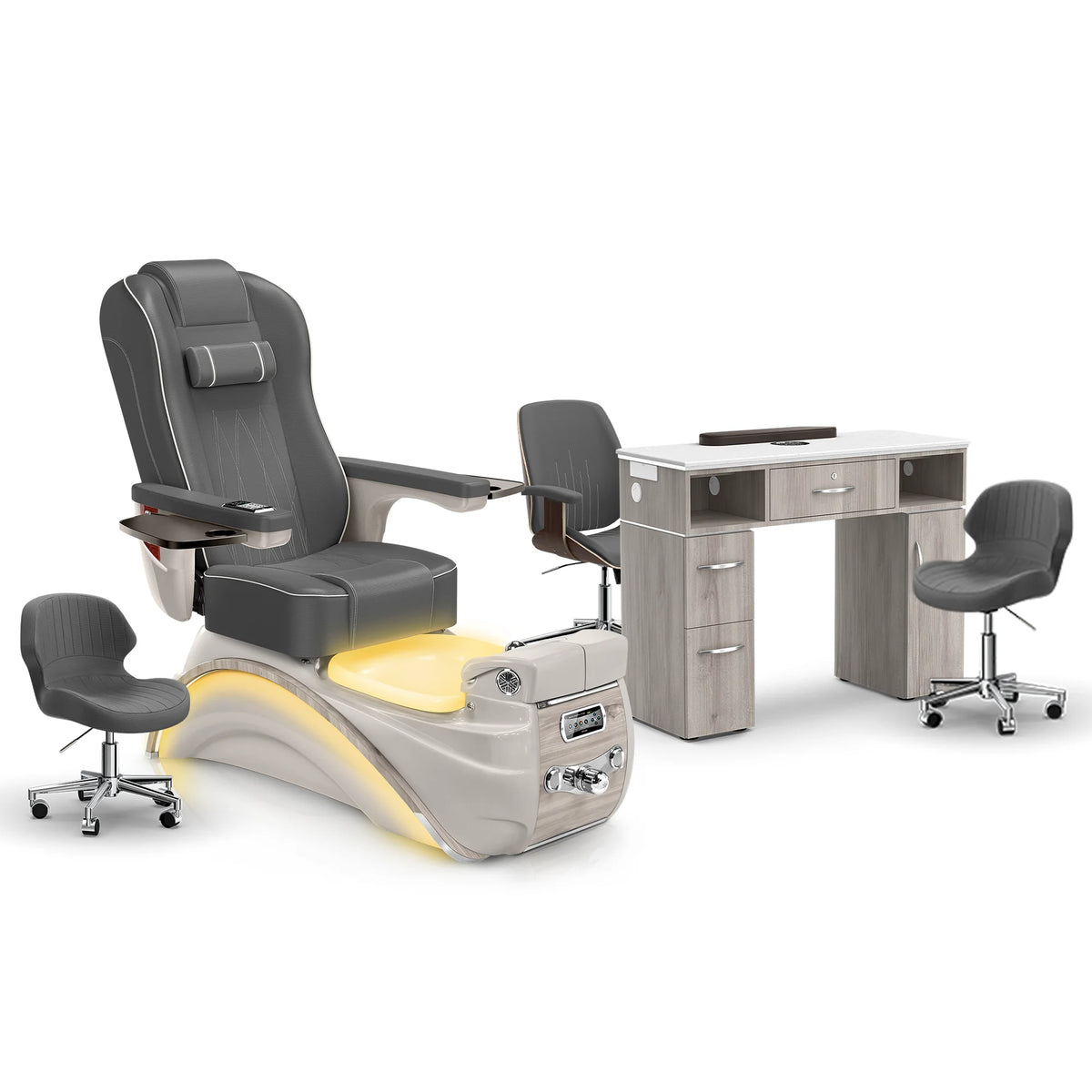 Graphite-Sandstone-Hazel Lexor Elite Pedicure Chair and Nail Table Set