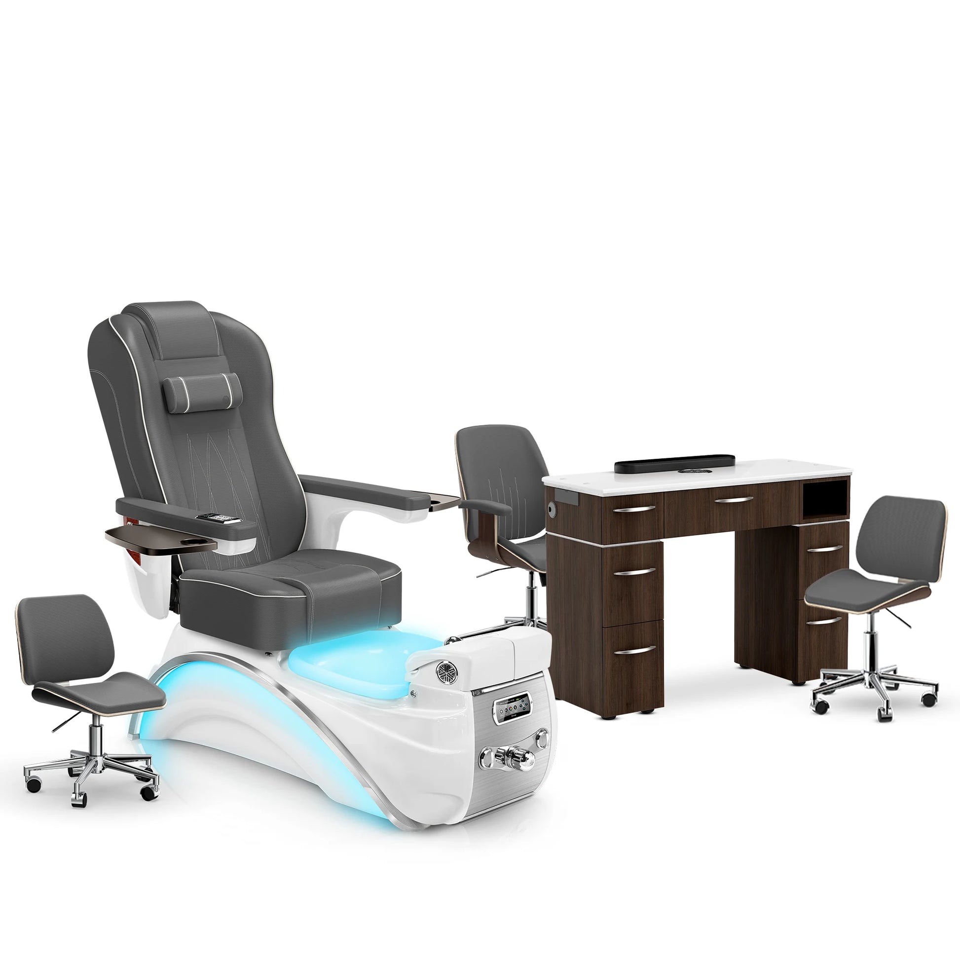 Graphite-White Pearl-Dark Walnut Lexor Elite Pedicure Chair and Nail Table Set