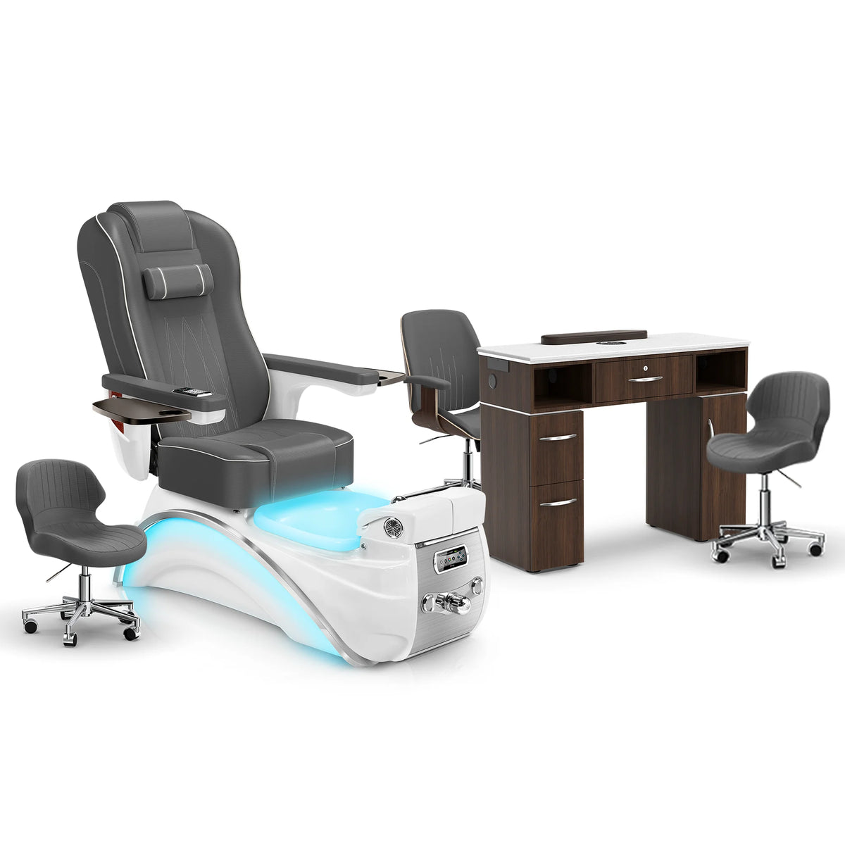 Graphite-White Pearl-Dark Walnut Lexor Elite Pedicure Chair and Nail Table Set