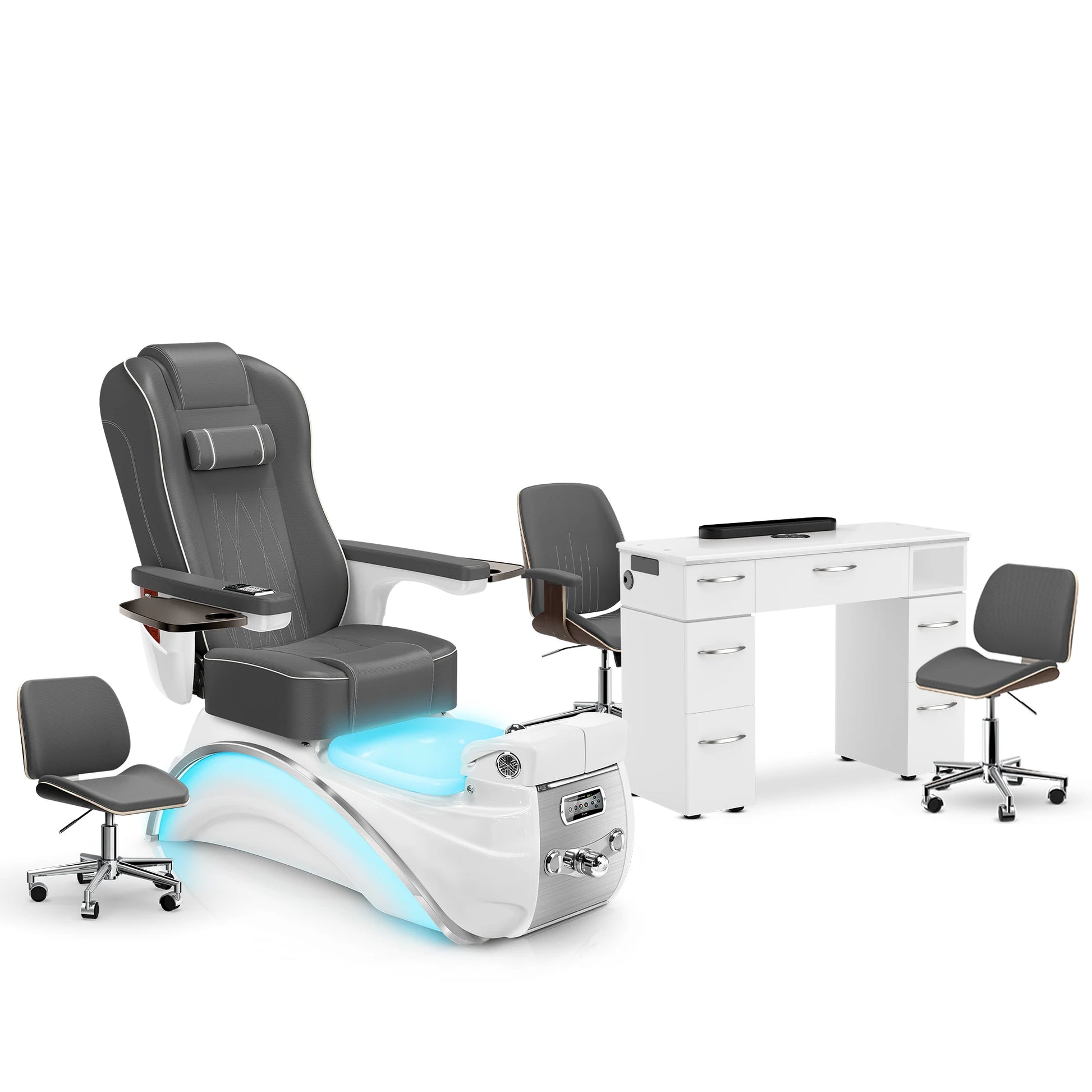 Graphite-White Pearl-White Lexor Elite Pedicure Chair and Nail Table Set