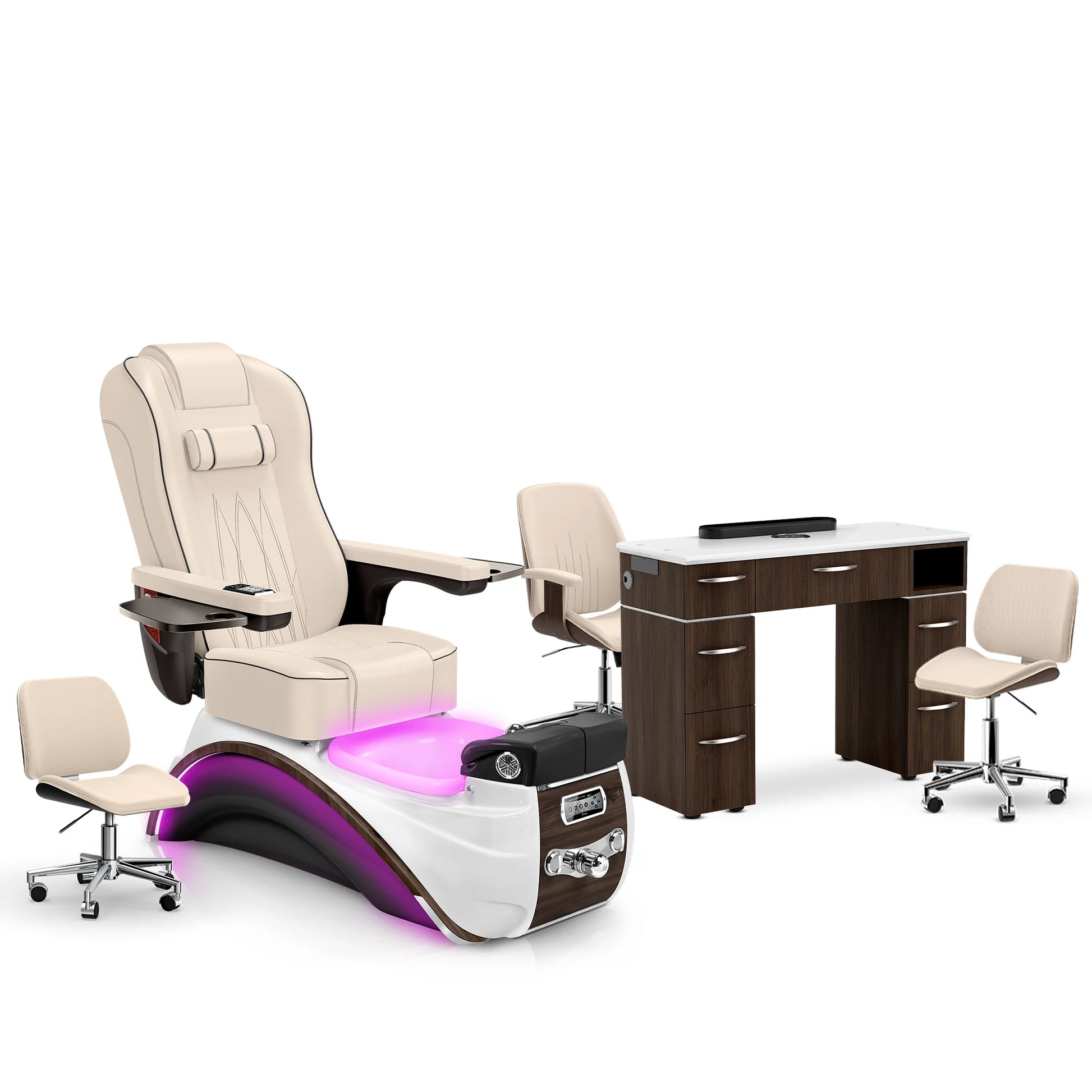 Ivory-Espresso-Dark Walnut Lexor Elite Pedicure Chair and Nail Table Set
