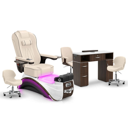 Ivory-Espresso-Dark Walnut Lexor Elite Pedicure Chair and Nail Table Set