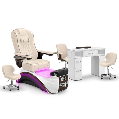 Ivory-Espresso-White Lexor Elite Pedicure Chair and Nail Table Set