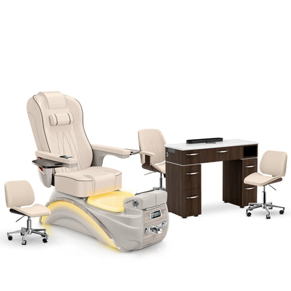 Ivory-Sandstone-Dark Walnut Lexor Elite Pedicure Chair and Nail Table Set