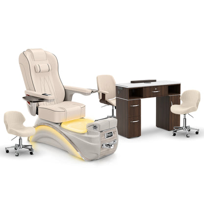 Ivory-Sandstone-Dark Walnut Lexor Elite Pedicure Chair and Nail Table Set