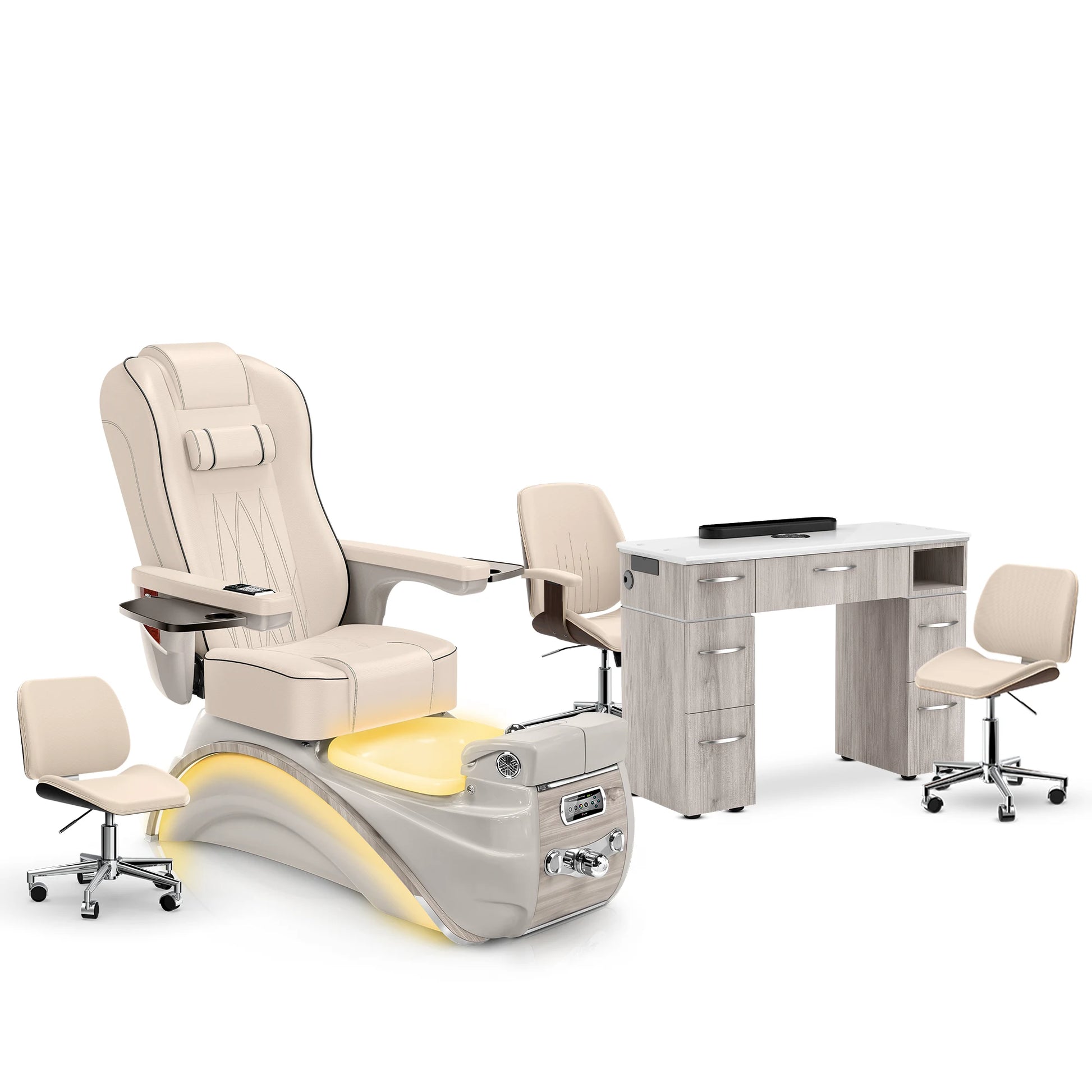 Ivory-Sandstone-Hazel Lexor Elite Pedicure Chair and Nail Table Set