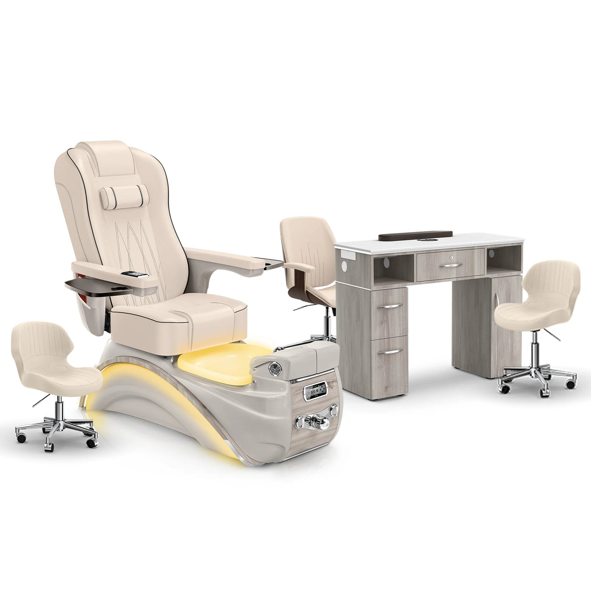 Ivory-Sandstone-Hazel Lexor Elite Pedicure Chair and Nail Table Set