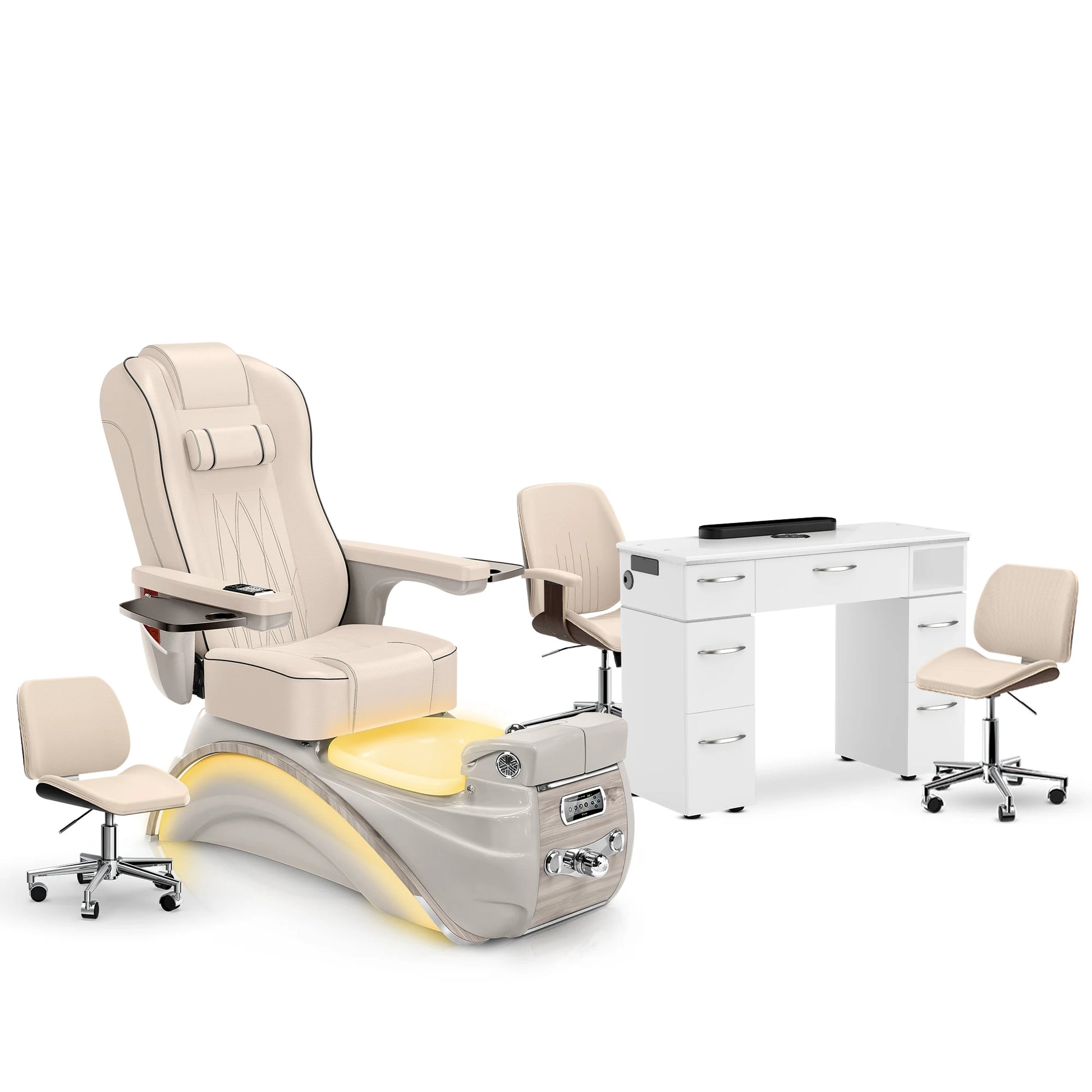 Ivory-Sandstone-White Lexor Elite Pedicure Chair and Nail Table Set