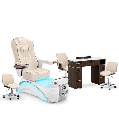 Ivory-White Pearl-Dark Walnut Lexor Elite Pedicure Chair and Nail Table Set