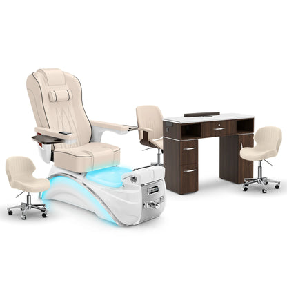 Ivory-White Pearl-Dark Walnut Lexor Elite Pedicure Chair and Nail Table Set
