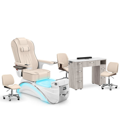 Ivory-White Pearl-Hazel Lexor Elite Pedicure Chair and Nail Table Set