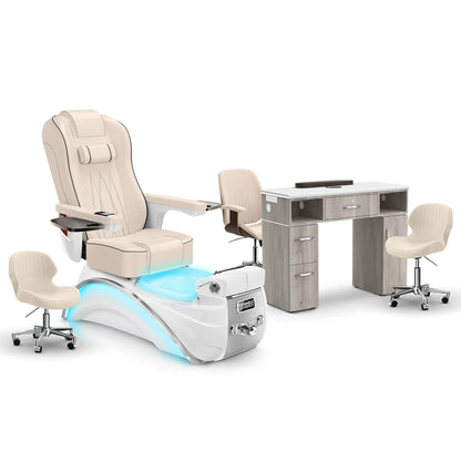 Ivory-White Pearl-Hazel Lexor Elite Pedicure Chair and Nail Table Set