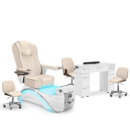 Ivory-White Pearl-White Lexor Elite Pedicure Chair and Nail Table Set