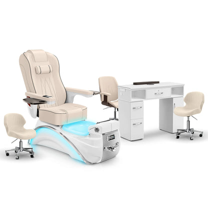 Ivory-White Pearl-White Lexor Elite Pedicure Chair and Nail Table Set