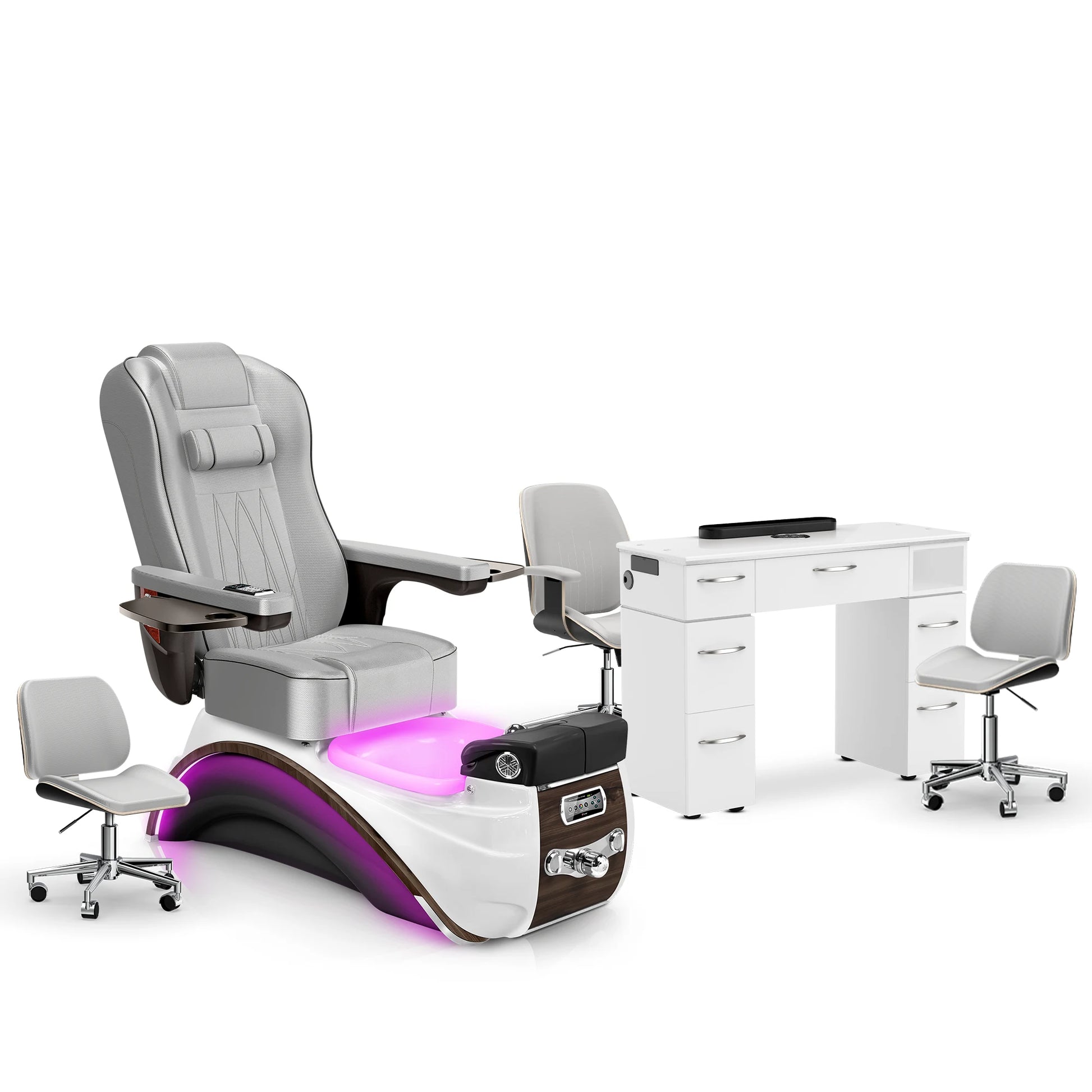 Platinum-Espresso-White Lexor Elite Pedicure Chair and Nail Table Set