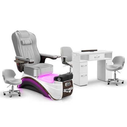 Platinum-Espresso-White Lexor Elite Pedicure Chair and Nail Table Set