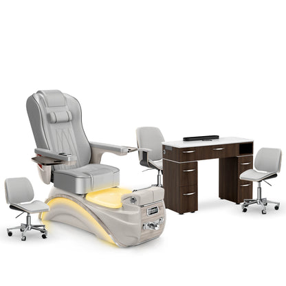 Platinum-Sandstone-Dark Walnut Lexor Elite Pedicure Chair and Nail Table Set