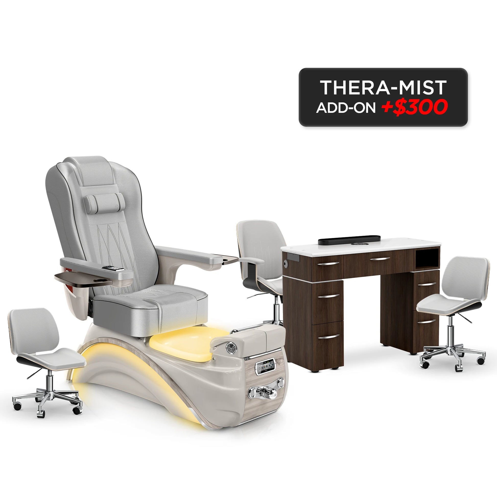 Platinum-Sandstone-Dark Walnut Lexor Elite Pedicure Chair and Nail Table Set v2