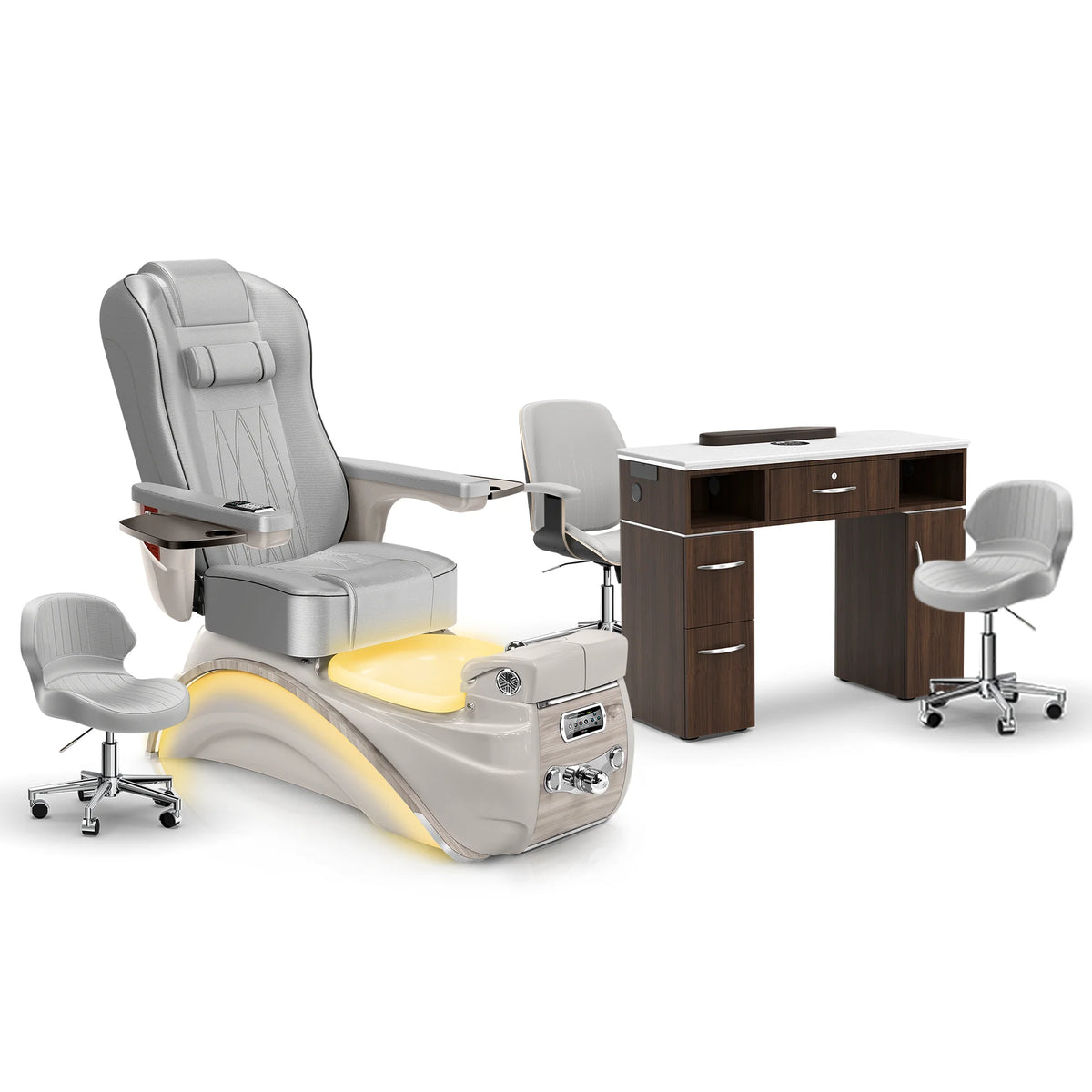 Platinum-Sandstone-Dark Walnut Lexor Elite Pedicure Chair and Nail Table Set