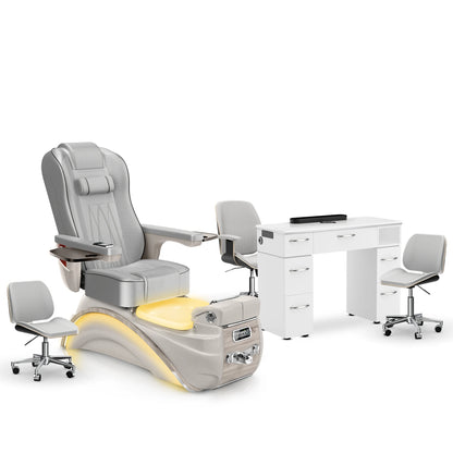 Platinum-Sandstone-White Lexor Elite Pedicure Chair and Nail Table Set