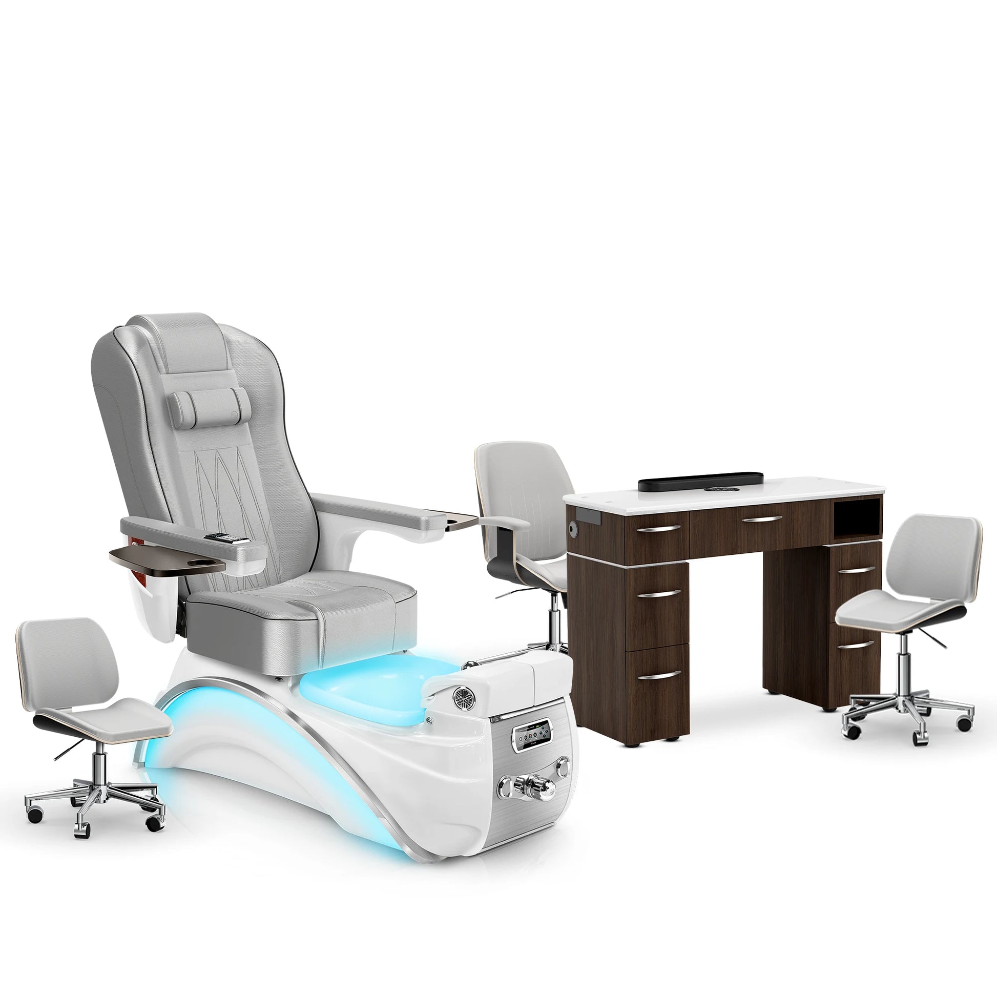 Platinum-White Pearl-Dark Walnut Lexor Elite Pedicure Chair and Nail Table Set
