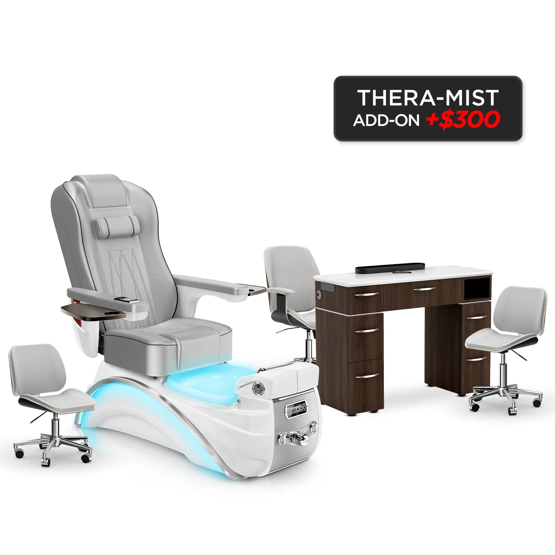 Platinum-White Pearl-Dark Walnut Lexor Elite Pedicure Chair and Nail Table Set v2