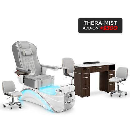 Platinum-White Pearl-Dark Walnut Lexor Elite Pedicure Chair and Nail Table Set v2